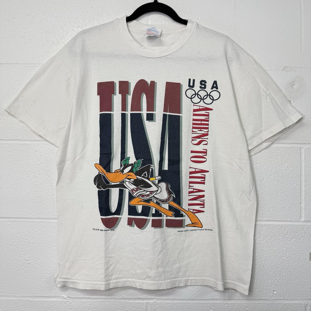 VTG 1996 Atlanta Olympics T Shirt L USA Athens to Atlanta Greece Daffy Duck 90s